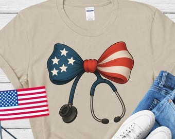 Nurse 4th of July Shirt Patriotic Coquette Bow USA Flag Tee Red White Blue Scrub Life Shirt  Independence Day Graphic Healthcare Work Shirt