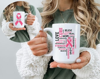 Personalized Breast Cancer Awareness Mug, Pink Ribbon Name Mug, Breast Cancer Support Gift, Survivor Gift, Hope Strength Cure Cup, Tea Mug