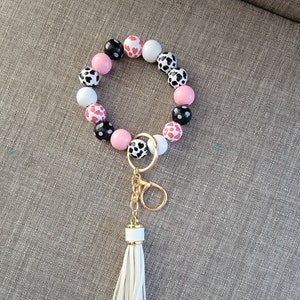 Multicolor beaded cow print wristlet keychain