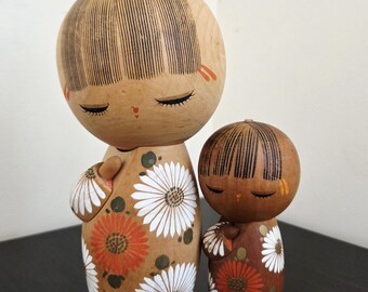 Two Rare Vintage Kokeshi Doll Japanese by RYOKA AOKI 青木亮華 Collectible Wooden Art Indoor Decorative
