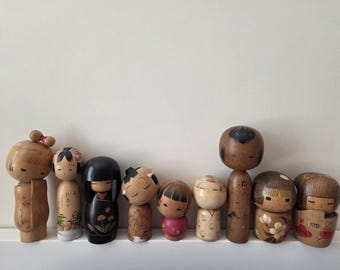 9 Cute Small Rare Vintage Kokeshi Dolls Japanese Wooden Doll
