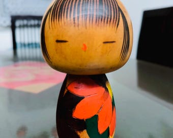 Vintage Japanese Creative Kokeshi by 川瀬祐志 Yuji Kawase Autumn Leave Wooden Doll