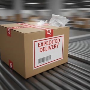 May include: A cardboard box with red tape and a white label that reads "EXPEDITED DELIVERY". The box is on a conveyor belt, and a piece of white packing material is visible on top. The barcode is visible.