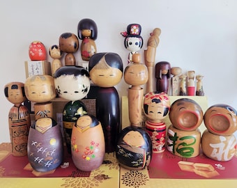 A variety of Vintage Rare Kokeshi Japanese Wooden Collectible Doll Minimalistic Figurine Interior Gift