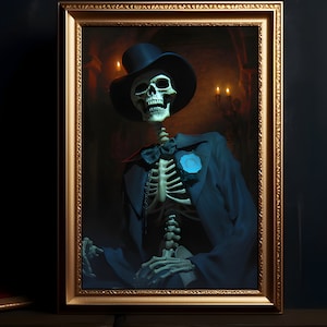 Skeleton Phantom Portrait , Victorian Digital Print, Dark Academia Decor, Skeleton dressed in black, Halloween, Gothic Painting, Dark Art