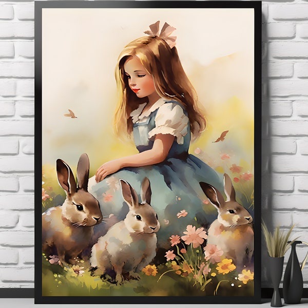 Girl with Spring Bunnies Print | Living Room Decor | VintageArtRealm Downloadable PRINTABLE Digital Art Print