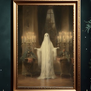 May include: A painting of a white ghost standing in a dimly lit room with lit candles on tables on either side. The ghost is wearing a white sheet and has a faint smile on its face. The painting is framed in a gold frame.