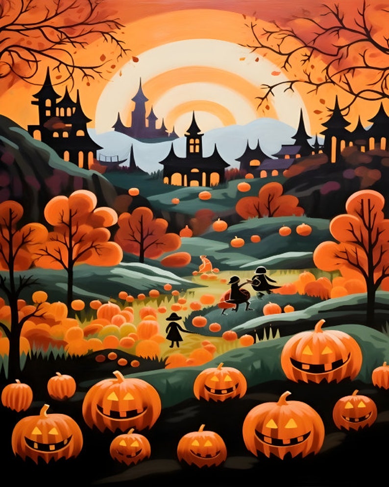 Autumn Landscape, Halloween Digital Print, Fall Forest, Vintage Painting, Red Trees, Orange Leaves, Autumn Leaves, Countryside Painting image 2