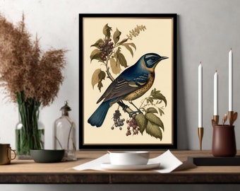 Impresión de ilustración de pájaro azul / decoración de la sala de estar / VintageArtRealm descargable PRINTABLE Digital Art Print
