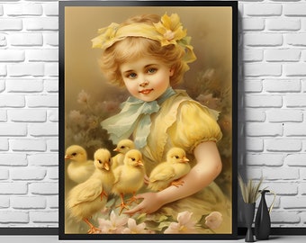 Girl and Baby Chicks Print | Living Room Decor | VintageArtRealm Downloadable PRINTABLE Digital Art Print