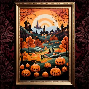 Autumn Landscape, Halloween Digital Print, Fall Forest, Vintage Painting, Red Trees, Orange Leaves, Autumn Leaves, Countryside Painting image 3