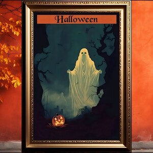 Halloween Ghost Digital Print, Ghost in the Forest, Halloween, Dark Academia, Gothic Painting, Ghost with Pumpkin, Spooky Print, Moody Ghost