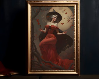 Halloween Witch, Gothic Digital Print, Blood Moon, Halloween Decor, Witch poster, Victorian, Dark Academia, Gothic painting