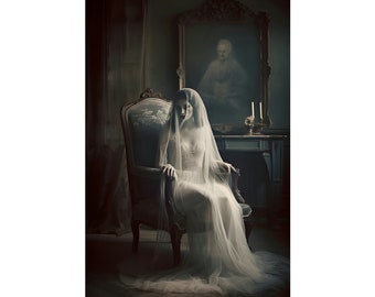 Portrait de mariée fantôme, affiche d'Halloween gothique Dark Academia