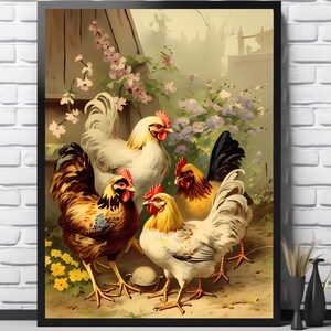 Frühling Hühner Illustration Print | Wohnzimmer Dekor | VintageArtRealm Herunterladbare DRUCKBARE Digital Art Print