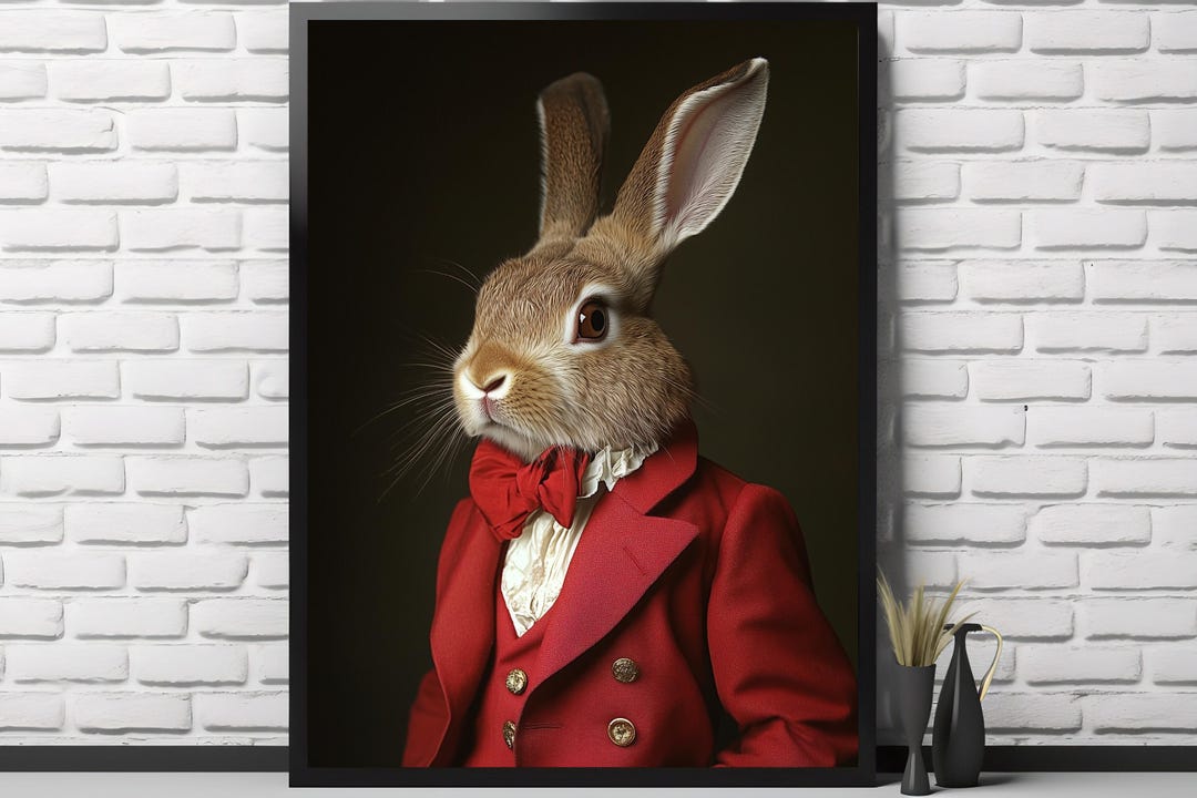 Victorian Bunny Portrait Print | Vintage Rabbit in Red Suit (digital ...