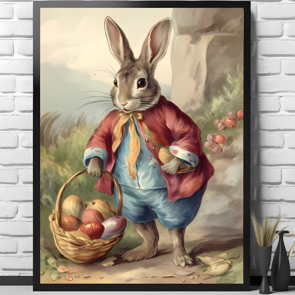 Easter Bunny Illustration Print | Living Room Decor | VintageArtRealm Downloadable PRINTABLE Digital Art Print