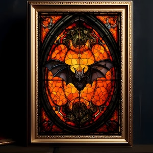 Gothic Bat Stained Glass, Halloween Digital Print, Gothic Fantasy, Dark Academia Decor, Cathedral Window, Dracula&#39;s Castle