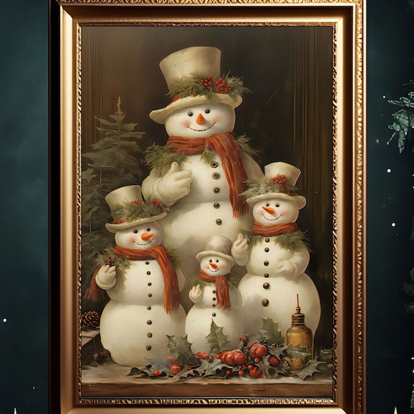 Snowmen Family Portrait, Christmas Digital Print, Holiday Portrait, Vintage Holiday, Seasonal Painting, Winter Painting, Snowman Red Scarf