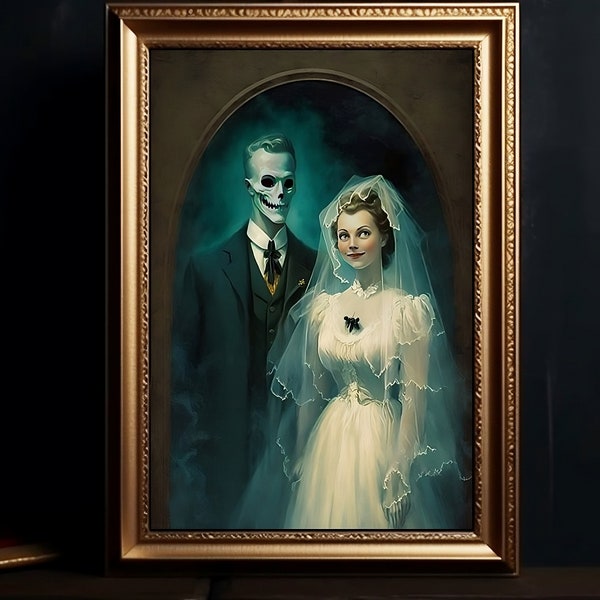 Halloween Bride and Groom Digital Print, Dark Academia, Gothic Painting, Halloween Wedding, Newly Wed, Spooky Wedding Portrait, Ghost Couple