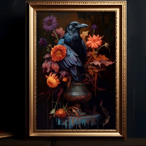 Gothic Raven Wall Art, Halloween Digital Print, Gothic Bird, Dark Academia, Gothic Flowers, Crow Wall Art, Gothic Painting, Animal Portrait