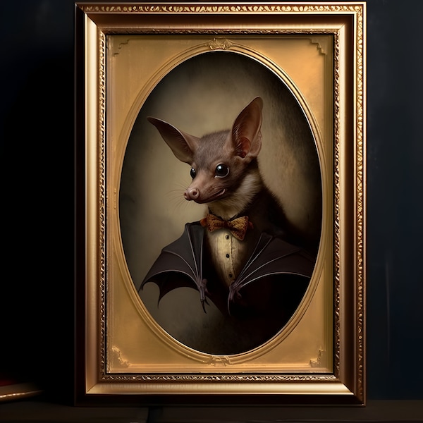 Gothic Bat Portrait, Halloween Digital Print, Gothic Fantasy, Dark Academia Decor, Victorian Bat, Gothic Portrait