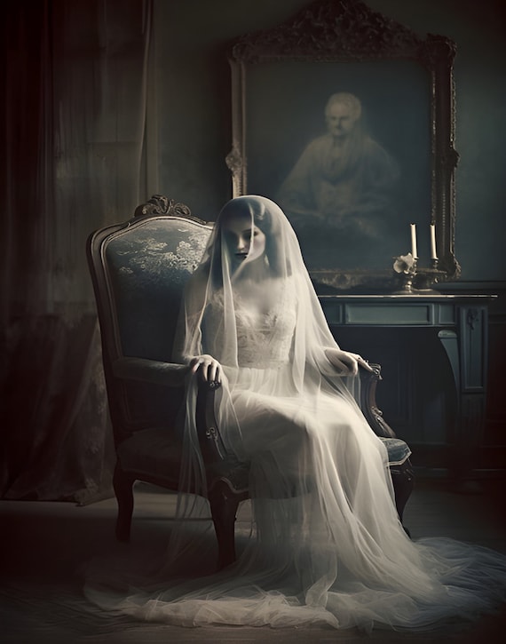 Ghost Lady Portrait Gothic Victorian Digital Print Dark Academia Ghost Dressed in White Obscure Halloween Gothic Painting Etsy Canada