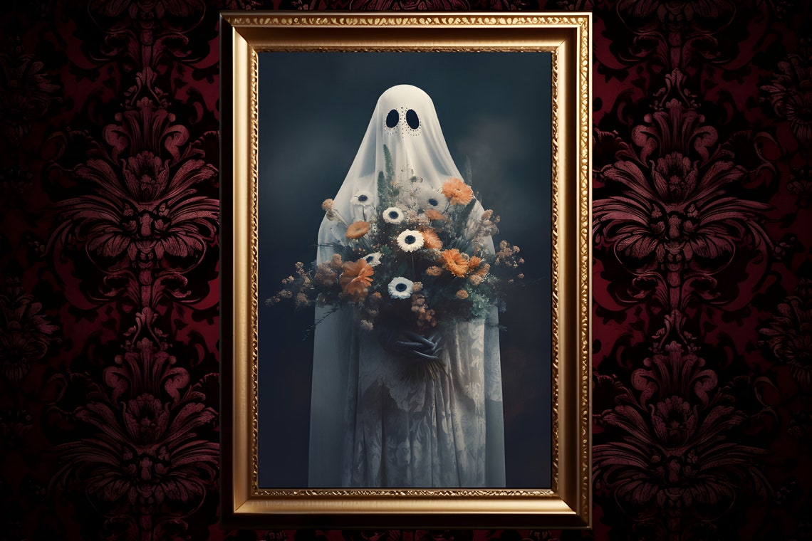 Gothic Ghost Portrait With Flowers, Dark Academia Print (digital ...