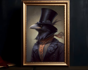 May include: A framed portrait of a raven dressed in a top hat, coat, and scarf. The raven has a distinguished appearance, with a detailed beak and feathers. The artwork is set against a dark background, enhancing the subject's presence.