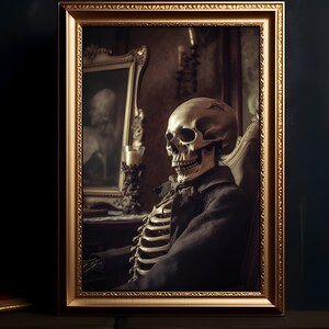 Skeleton Portrait Photo, Victorian Digital Print, Dark Academia Decor, Skeleton dressed in black, Obscure, Halloween, Gothic Painting