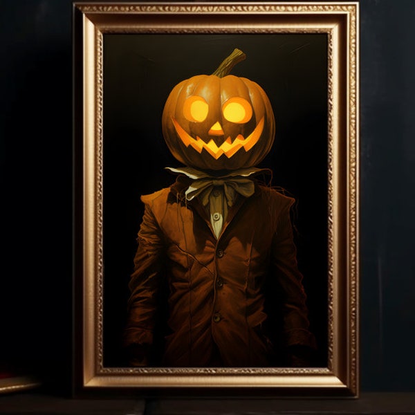 The Pumpkin Man, Halloween Digital Print, Headless Horseman Portrait, Dark Academia, Gothic Painting, Spooky Portrait, Sleepy Hollow