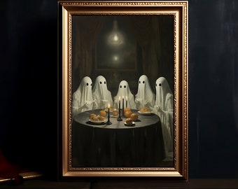 Ghosts Having Dinner, Halloween Feast, Gothic Victorian Digital Print, Spirts from the Forest, Haunted House, Dark Academia, Gothic Painting