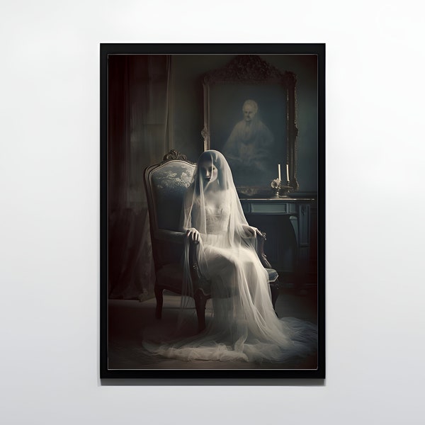 Ghost Lady Portrait, Gothic Victorian Digital Print, Dark Academia, ghost dressed in white, Obscure, Halloween, Gothic Painting