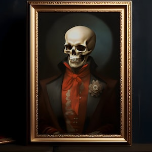 Skeleton Portrait Photo, Victorian Digital Print, Dark Academia Decor, Skeleton dressed in red, Obscure, Halloween, Gothic Painting