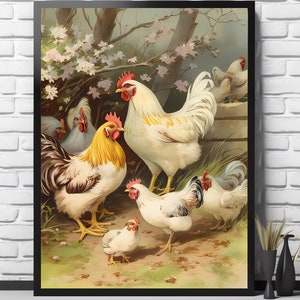 Frühling Hühner Illustration Print | Wohnzimmer Dekor | VintageArtRealm Herunterladbare DRUCKBARE Digital Art Print