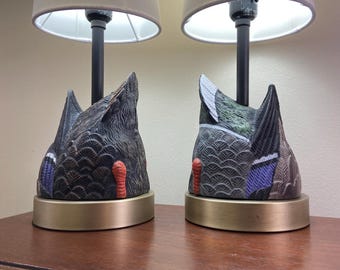 Pair of Mallard Duck Decoy Table Lamps, Vintage Style Hunting Lodge Decor