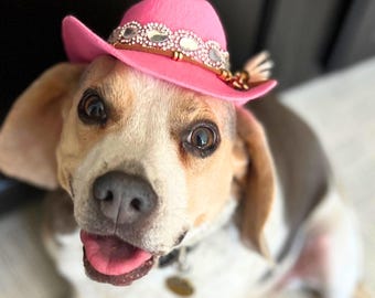 Handmade Pink Rhinestone Cowboy Hat for Dogs & Cats: Adjustable Pet Costume