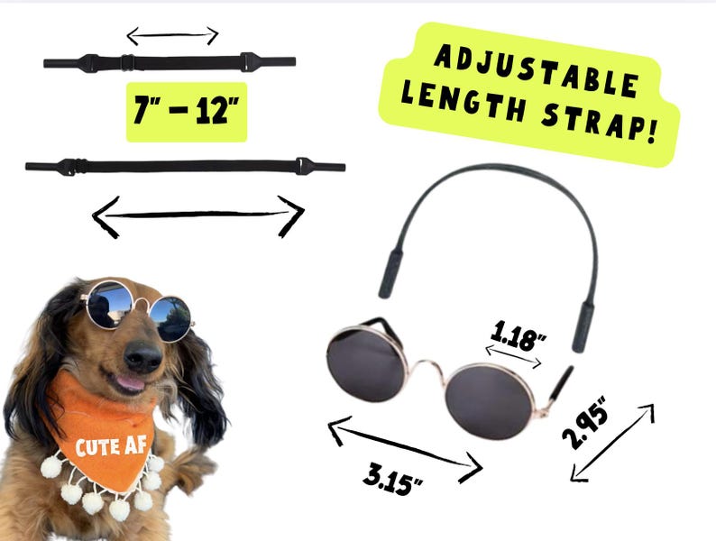 Sunglasses for small dogs with strap that adjusts for small to medium sized dogs and cats, making a cute outfit accessory for dogs.