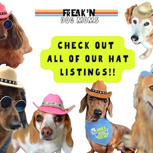 Handmade, custom cowboy hats for dogs in pink, brown, tan, black and blue.