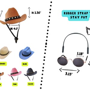 Pet accessories including a brown cowboy hat for dogs and a pair of dog sunglasses.