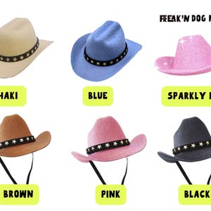 Variety of colorful cowboy hats for dogs and cats. Unique gift for pet parents, dog moms and cat dads.