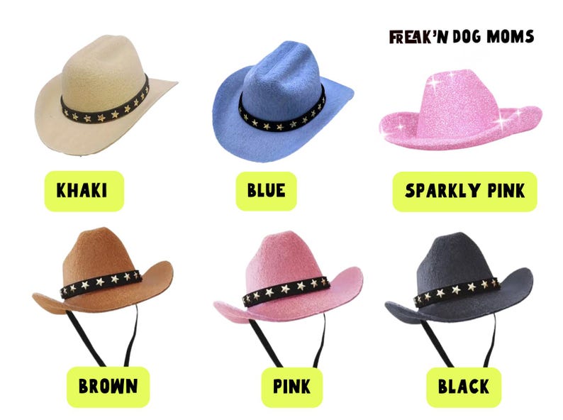 Variety of colorful cowboy hats for dogs and cats. Unique gift for pet parents, dog moms and cat dads.