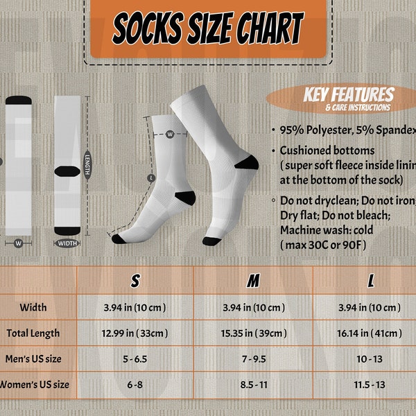 Sublimation Sock Mockup Size Chart Printify Socks Size Chart Mock up All Over Print Crew Sock Sizing Mock-up Printify AOP Sock Mockup Size