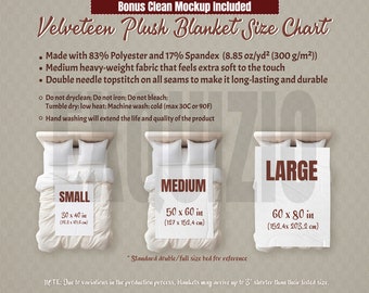 Samt Plüschdecke Größentabelle Printify Blanket Mockup Size Guide Decke Mock up Canva Bearbeitbare Mockup Decke Sizing Mockups