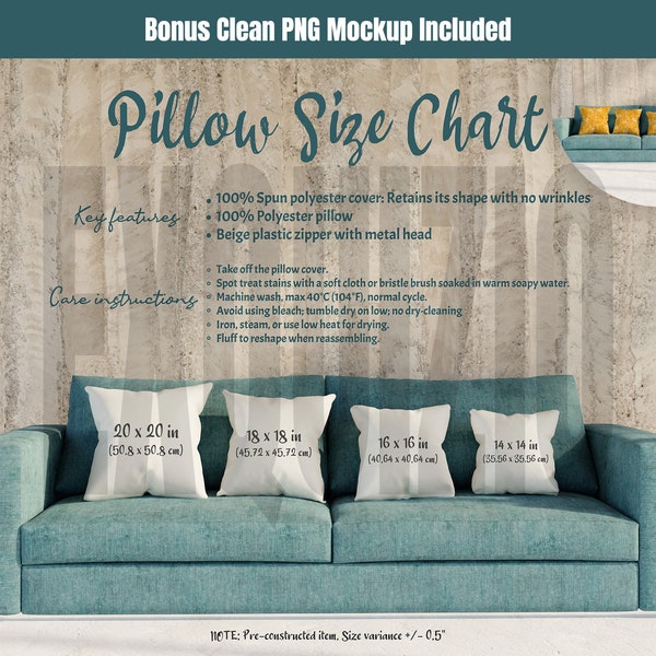 Pillow Size Chart Mockup Spun Polyester Square Pillow Mock up Size Guide Printify Pillow Sizing Mockup Polyester Pillow Mockup Size Chart