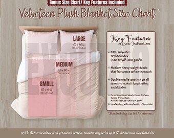 May include: A size chart for a velveteen plush blanket in small, medium, and large sizes. The chart shows the dimensions in inches and centimetres. The chart also includes key features and care instructions for the blanket, such as the fabric composition, weight, and washing instructions.