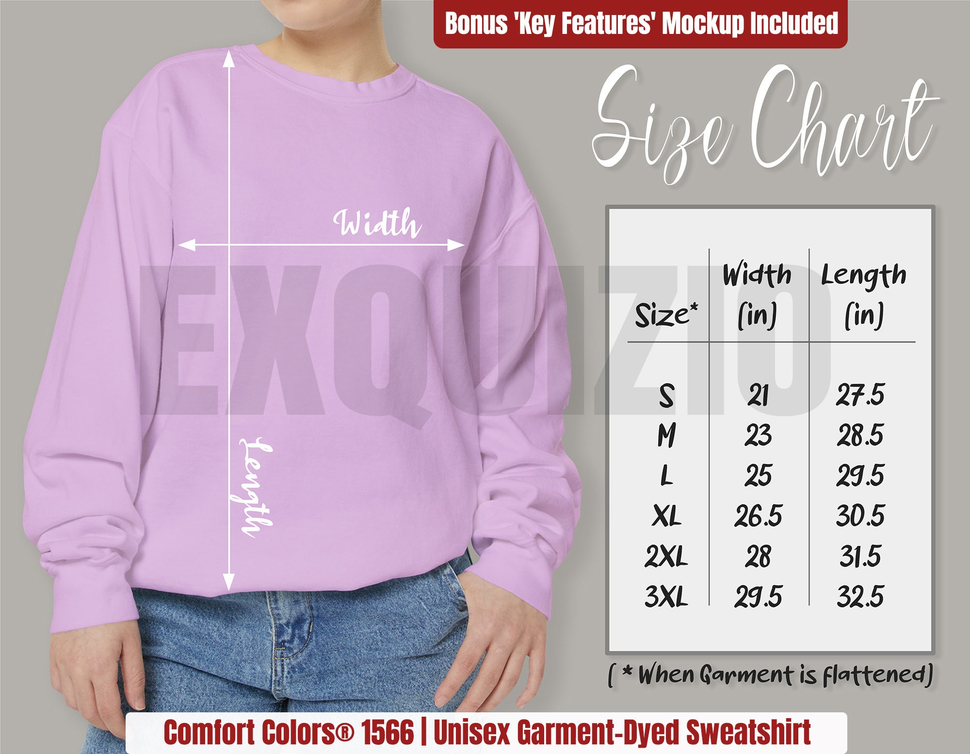 Comfort Colors 1566 Size Chart and Key Features Mockup Comfort Colors