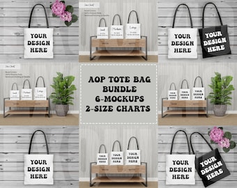 AOP Tote Mockup Bundle con tabla de tallas, All Over Print Bag Mockups Digital Download, Sublimation Tote Template para bolsas de compras de comestibles