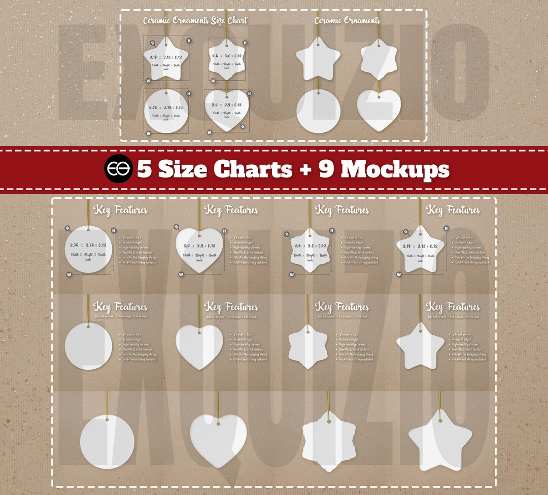 Ornament Mockup Bundle Size Chart Bundle Printify 4 Shapes Ceramic Ornament Mockup Bundle