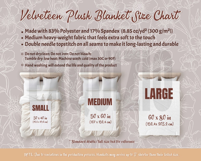 Velveteen Plush Blanket Mockup Velveteen Blanket Size Chart Etsy